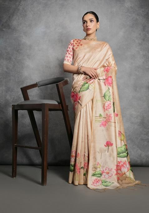 Beige Digital Print Tussar Silk Saree Set