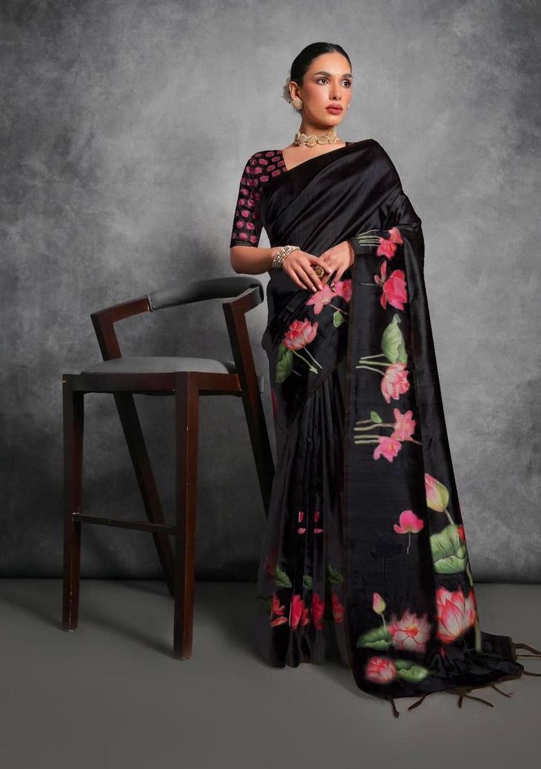 Black Digital Print Tussar Silk Saree Set
