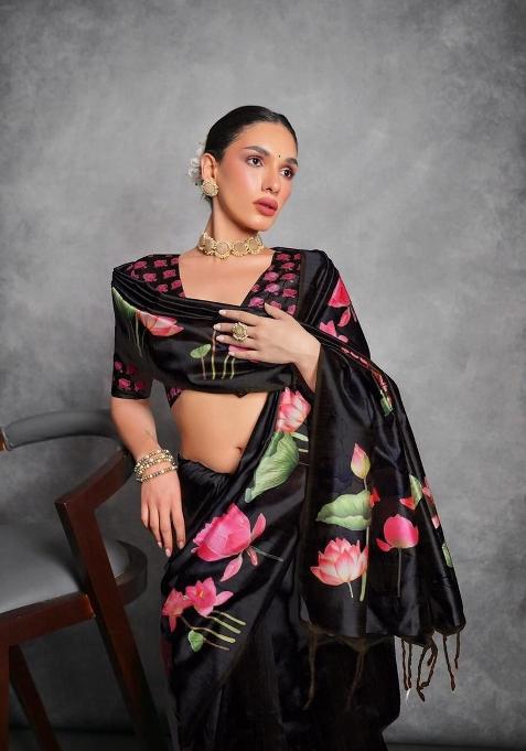 Black Digital Print Tussar Silk Saree Set