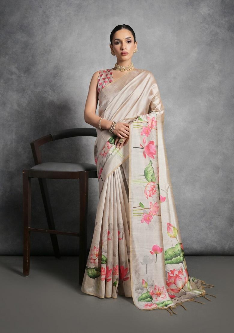 Cream Digital Print Tussar Silk Saree Set