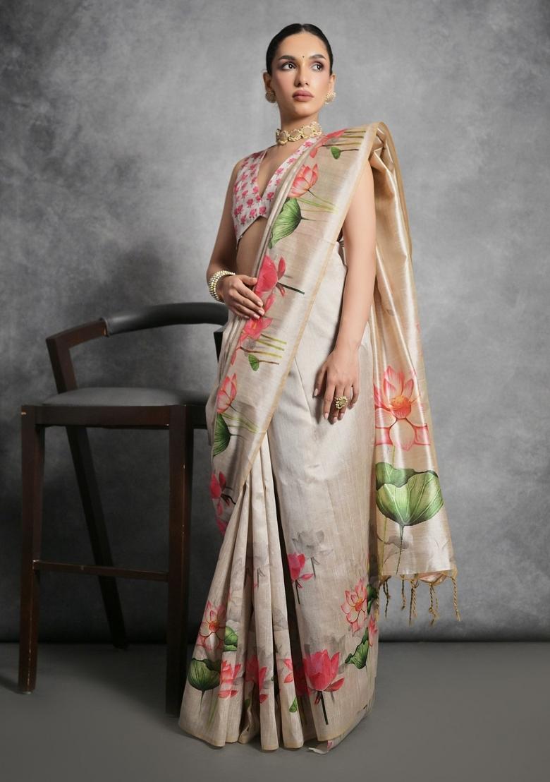 Cream Digital Print Tussar Silk Saree Set