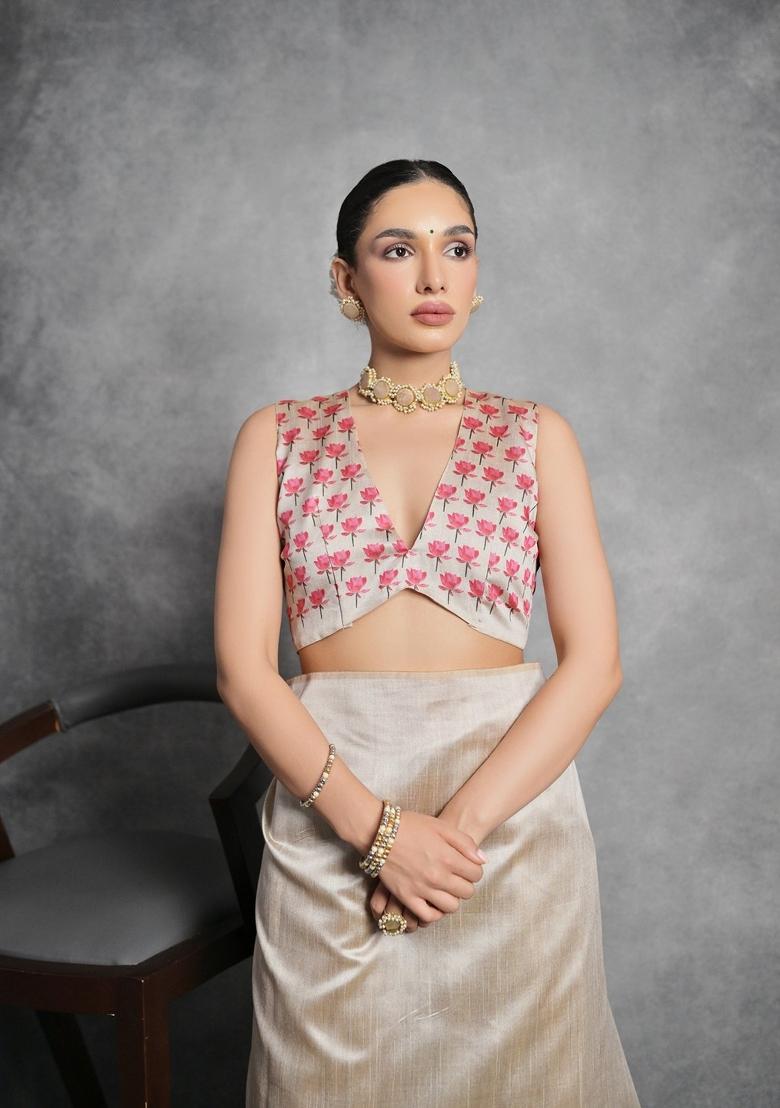 Cream Digital Print Tussar Silk Saree Set