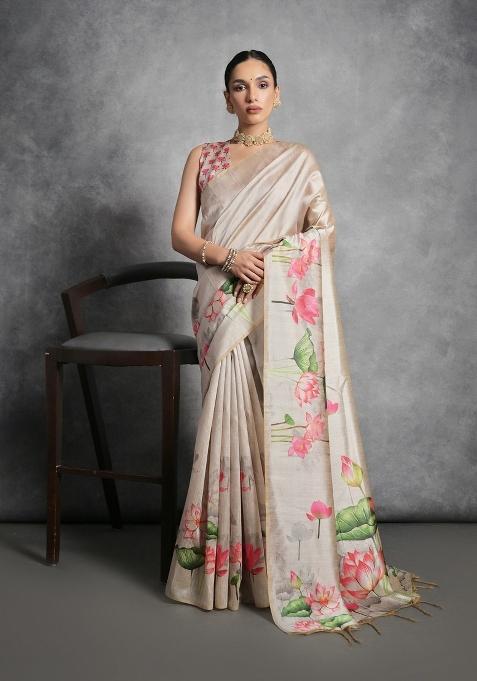 Cream Digital Print Tussar Silk Saree Set