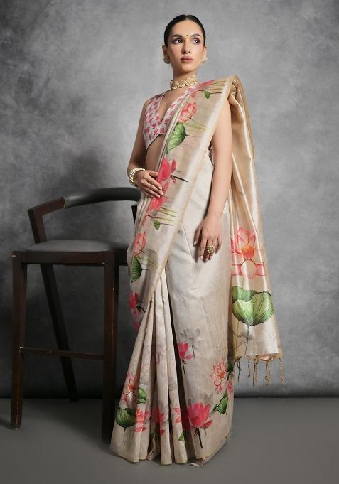 Cream Digital Print Tussar Silk Saree Set