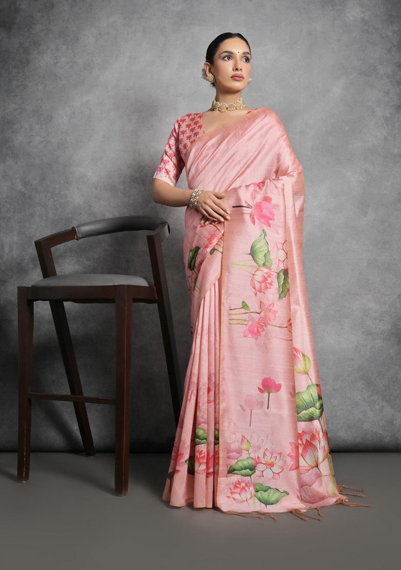 Pink Digital Print Tussar Silk Saree Set