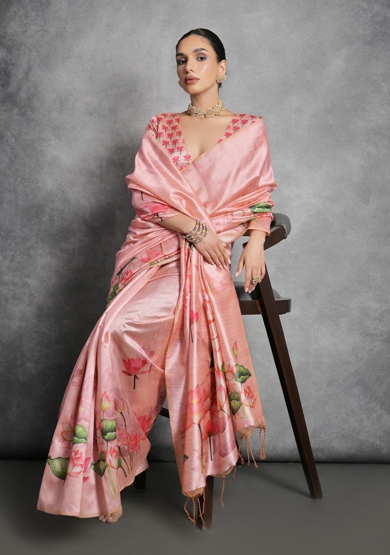 Pink Digital Print Tussar Silk Saree Set