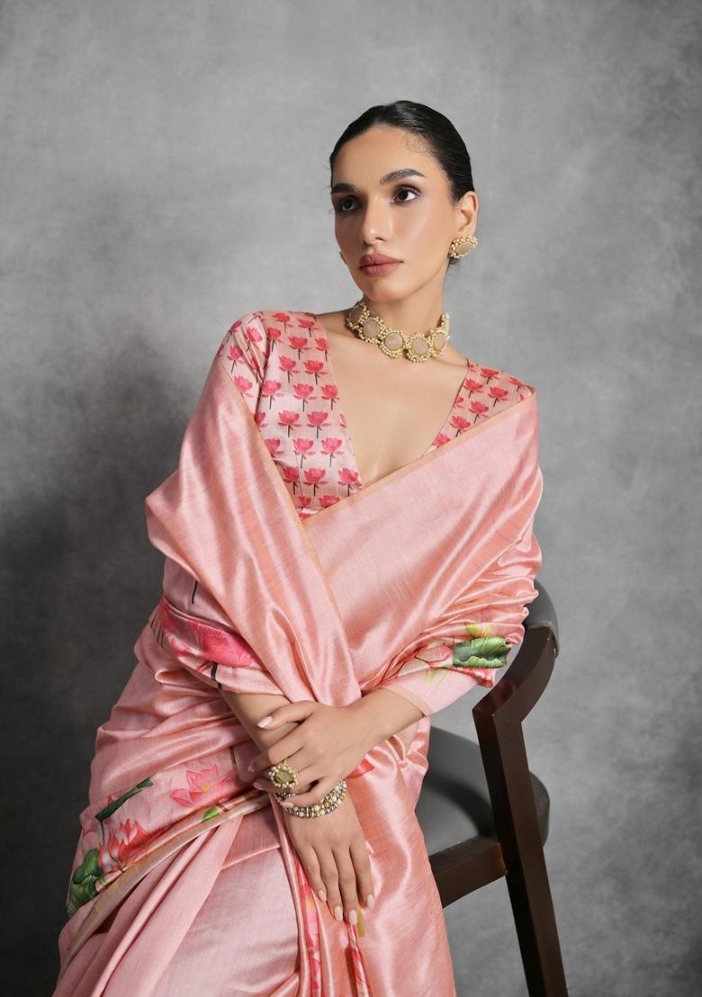Pink Digital Print Tussar Silk Saree Set