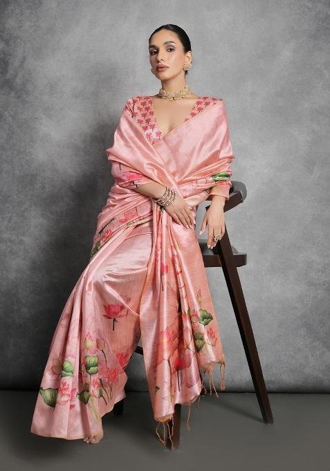 Pink Digital Print Tussar Silk Saree Set