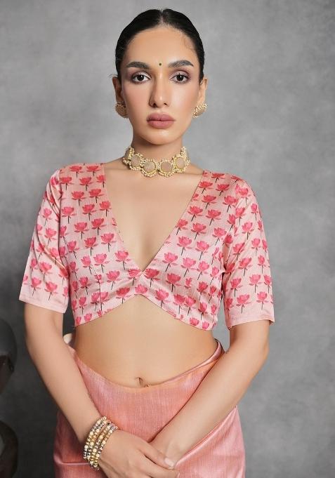 Pink Digital Print Tussar Silk Saree Set