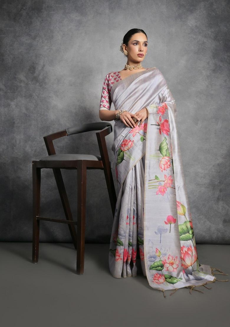 Grey Digital Print Tussar Silk Saree Set