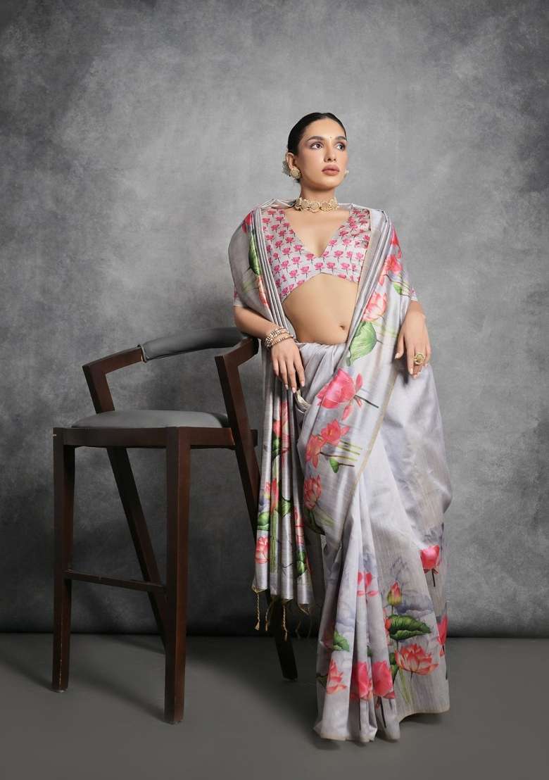 Grey Digital Print Tussar Silk Blend Saree Set for Diwali and Festive Wear - Indya