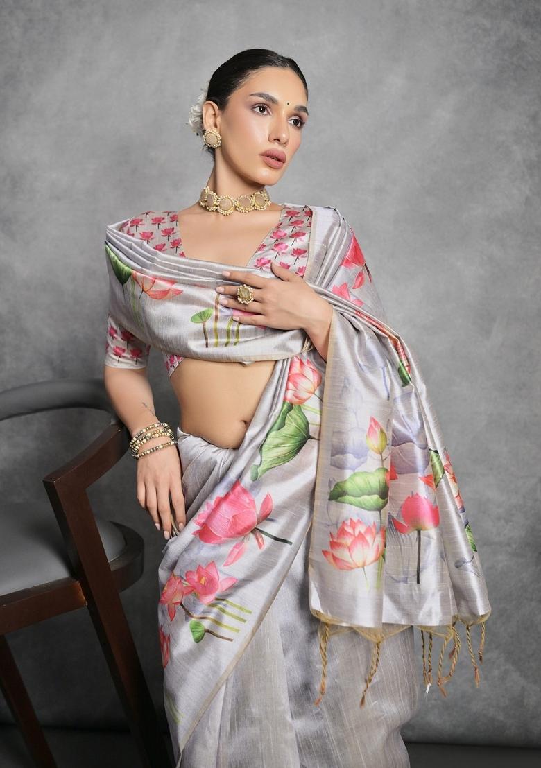 Grey Digital Print Tussar Silk Saree Set