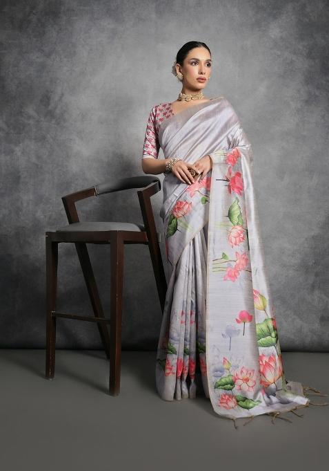 Grey Digital Print Tussar Silk Saree Set