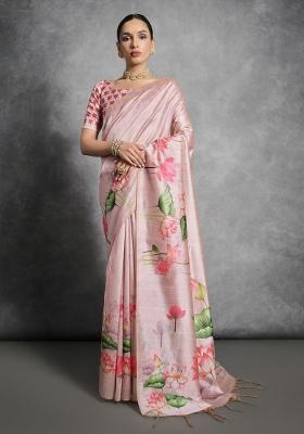 Pink Digital Print Tussar Silk Saree Set