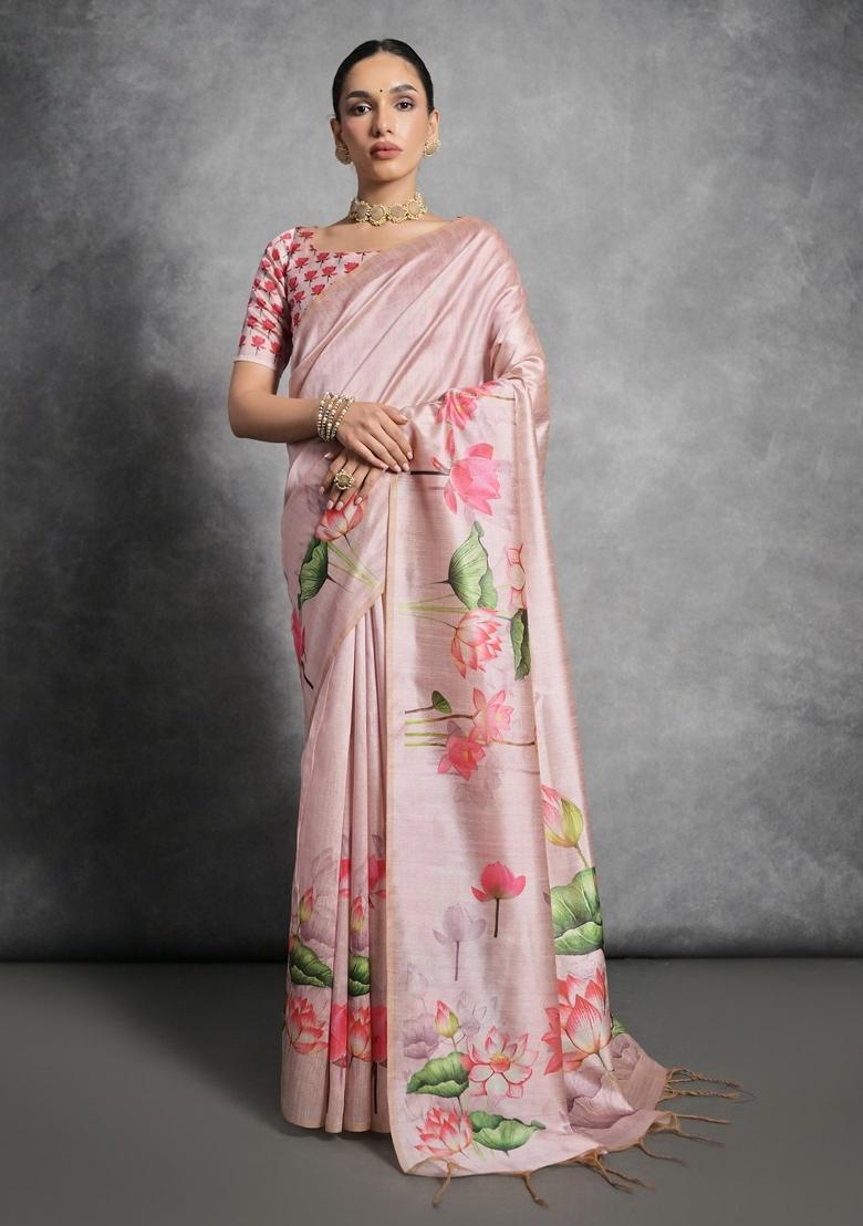 Pink Digital Print Tussar Silk Saree Set