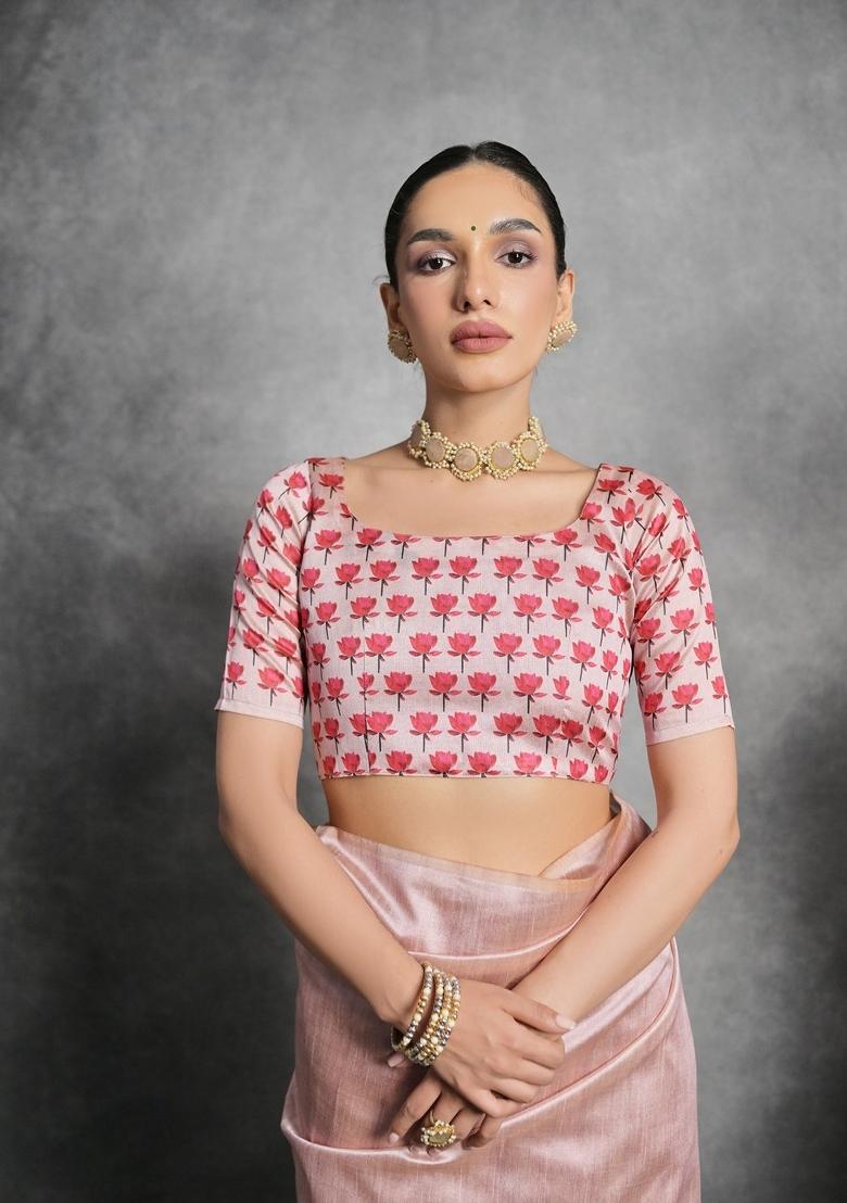 Pink Digital Print Tussar Silk Saree Set