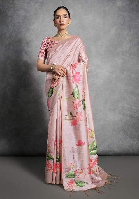 Pink Digital Print Tussar Silk Saree Set