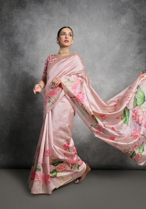 Pink Digital Print Tussar Silk Saree Set
