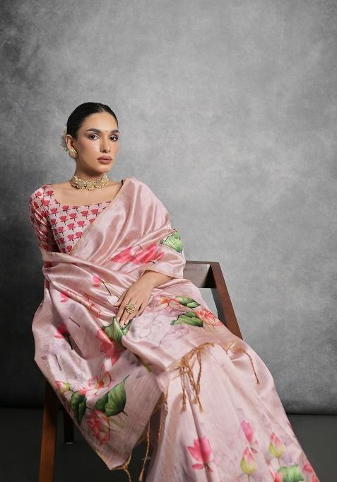 Pink Digital Print Tussar Silk Saree Set
