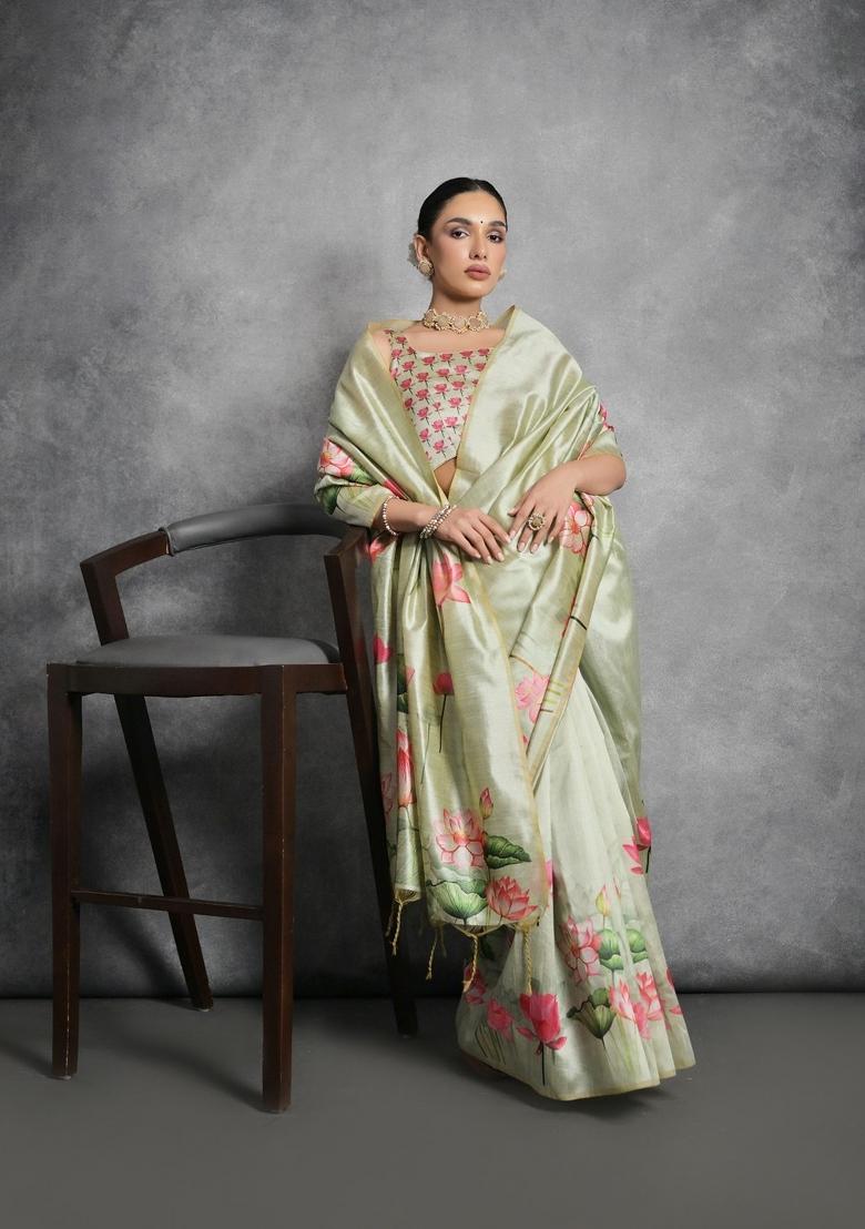 Pista Green Digital Print Tussar Silk Saree Set