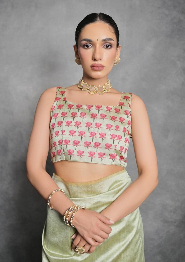 Pista Green Digital Print Tussar Silk Saree Set