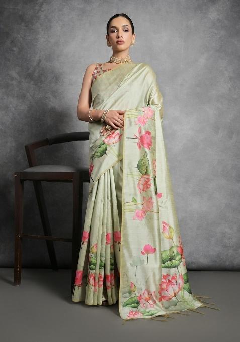 Pista Green Digital Print Tussar Silk Saree Set