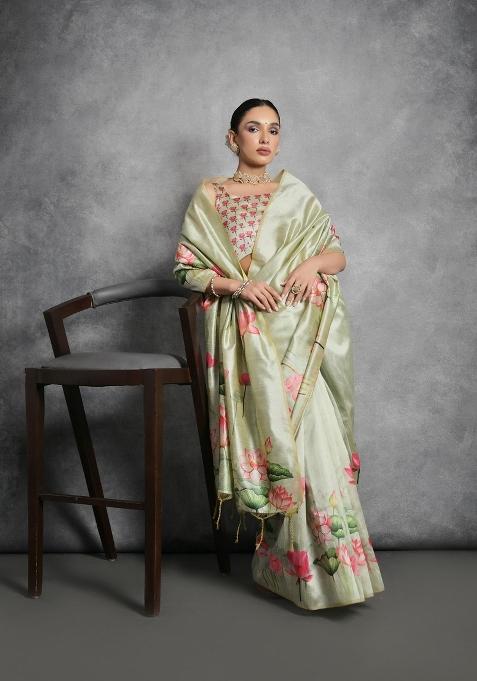 Pista Green Digital Print Tussar Silk Saree Set