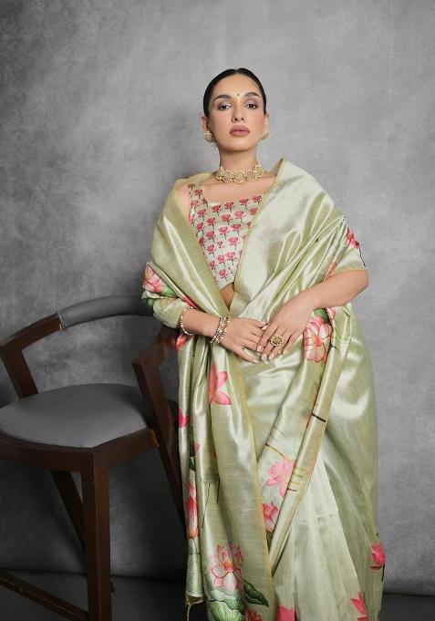 Pista Green Digital Print Tussar Silk Saree Set