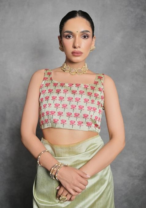 Pista Green Digital Print Tussar Silk Saree Set