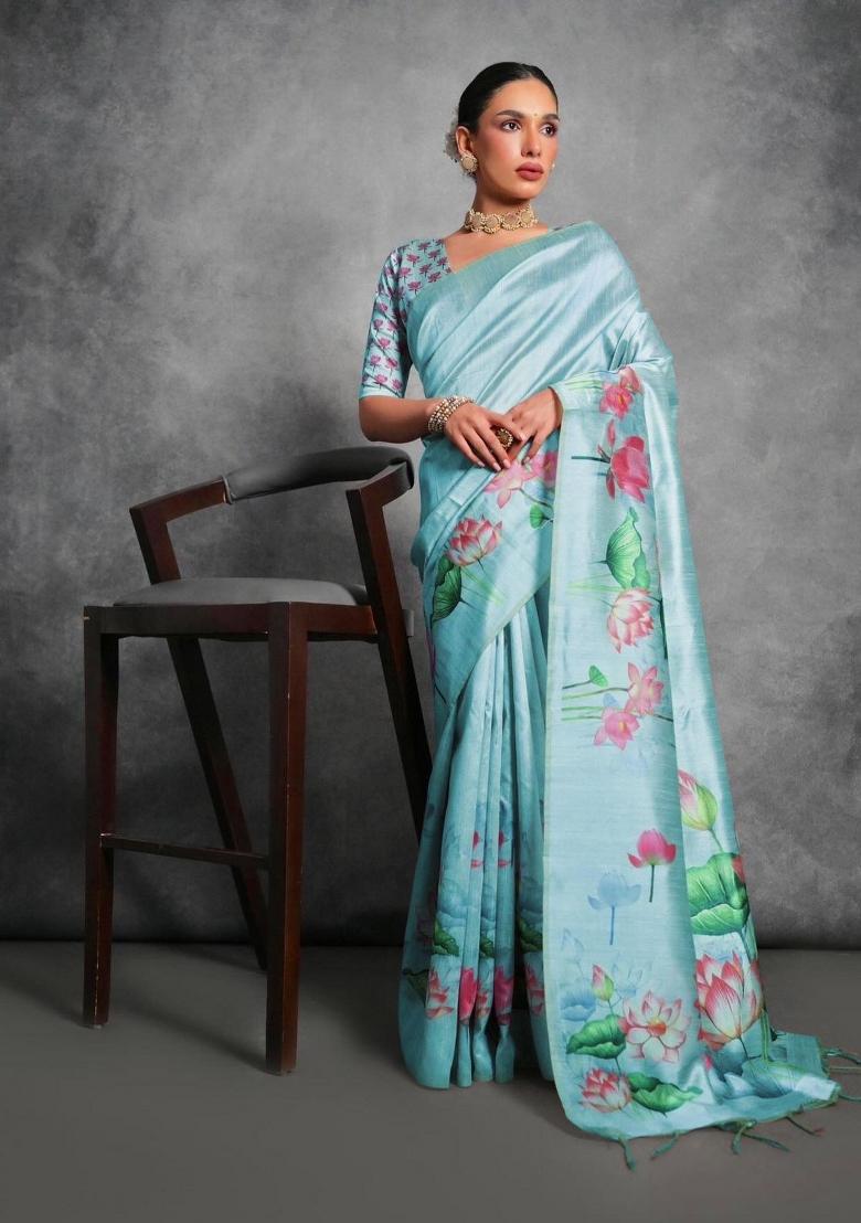 Blue Digital Print Tussar Silk Saree Set