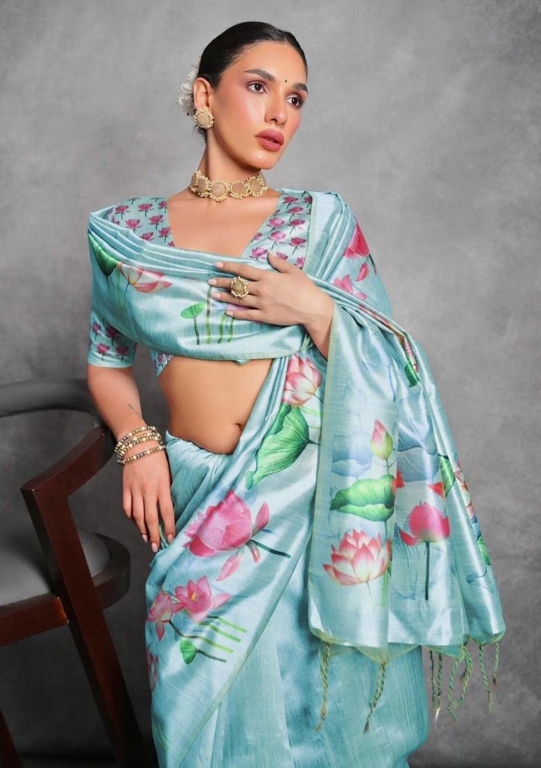 Blue Digital Print Tussar Silk Saree Set