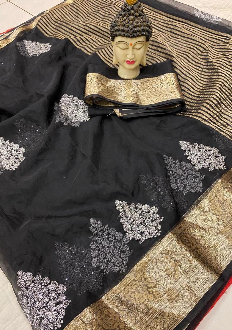 Black Embroidered Organza Saree Set