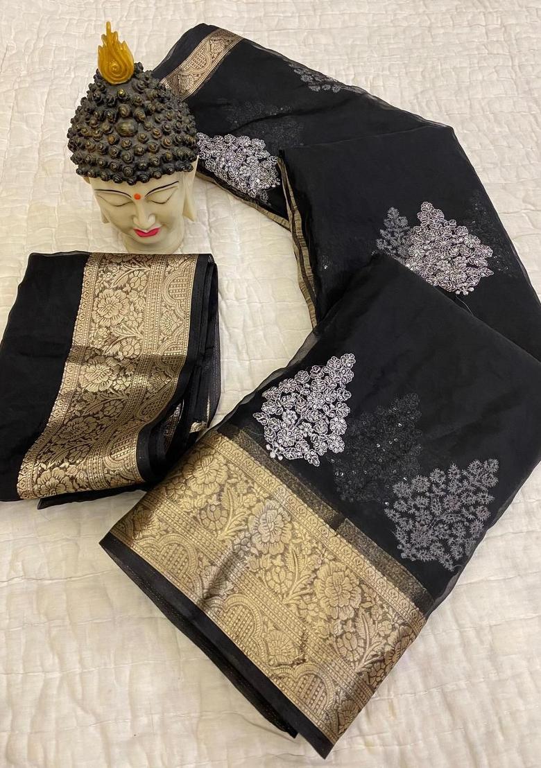 Black Embroidered Organza Saree Set