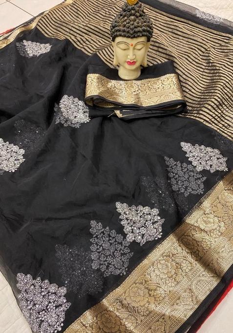 Black Embroidered Organza Saree Set