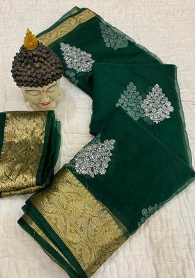 Bottle Green Embroidered Organza Saree Set