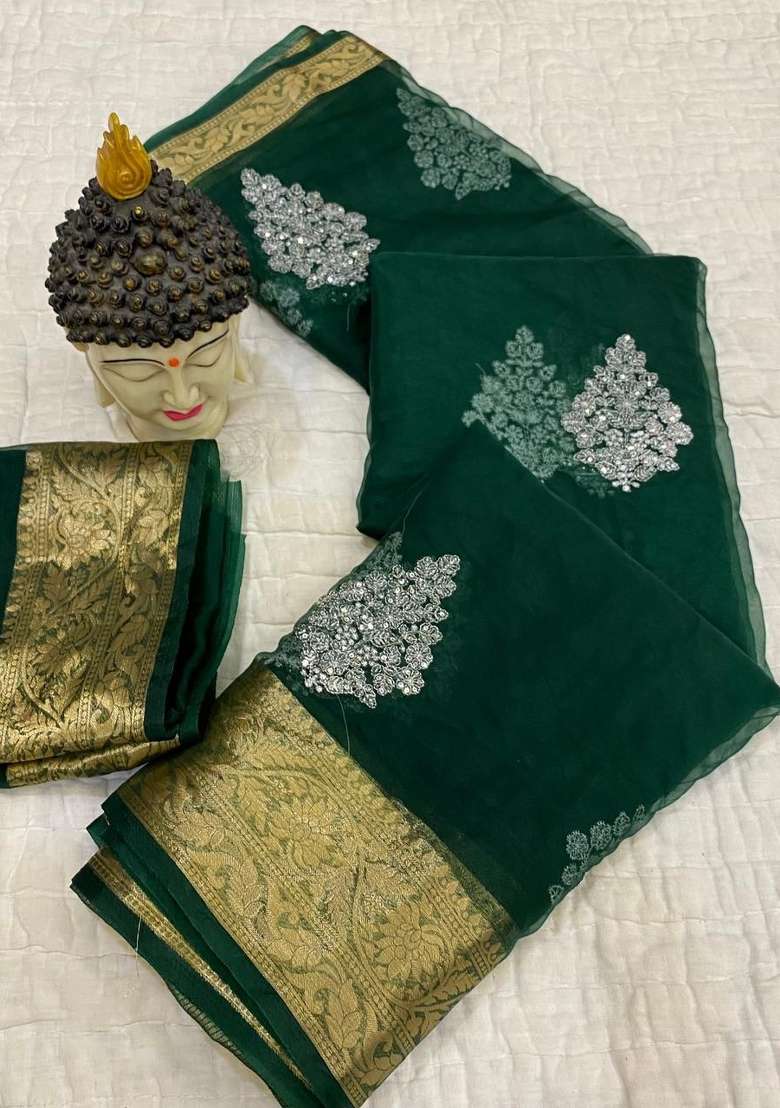 Bottle Green Organza Saree Set with Embroidered for Diwali | Wedding & Festive Wear - Indya