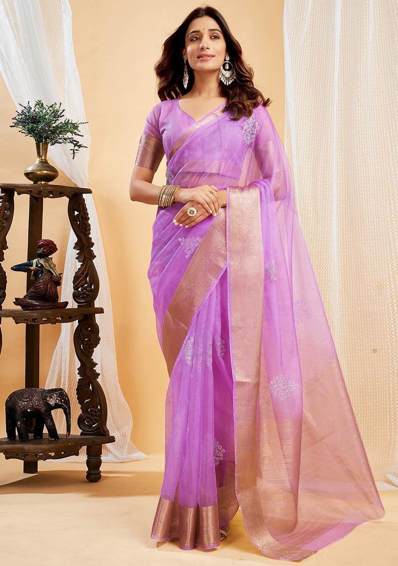 Lavender Embroidered Organza Saree Set