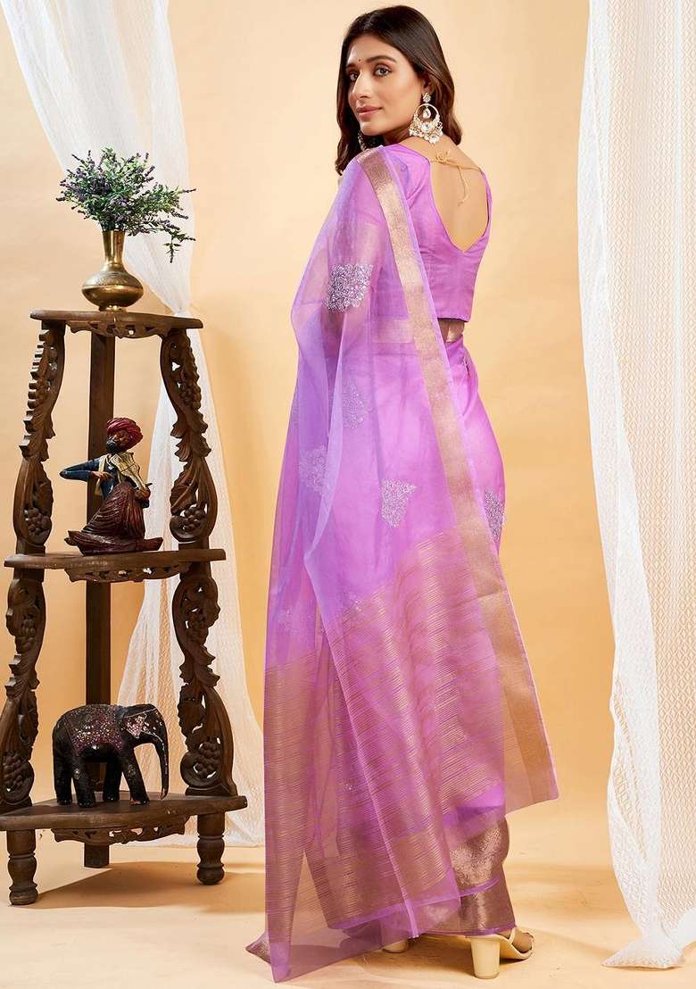 Lavender Organza Saree Set with Embroidered for Diwali | Wedding & Festive Wear - Indya