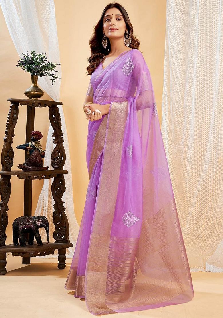 Lavender Embroidered Organza Saree Set