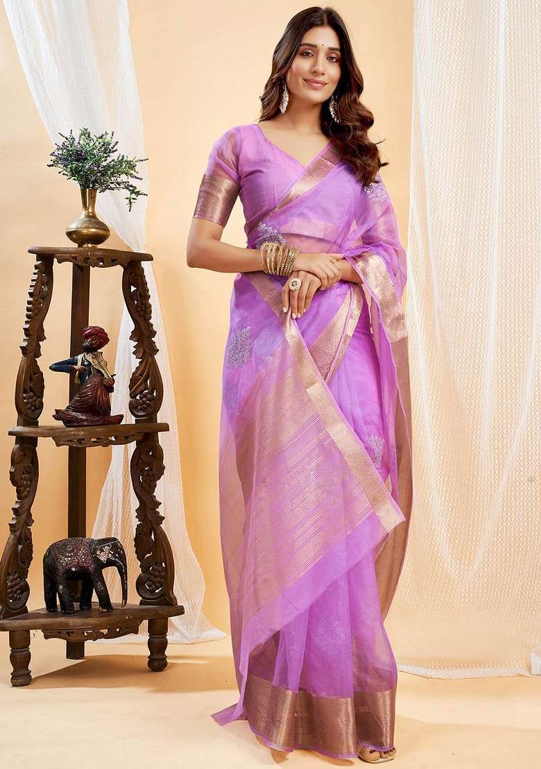 Lavender Organza Saree Set with Embroidered for Diwali | Wedding & Festive Wear - Indya