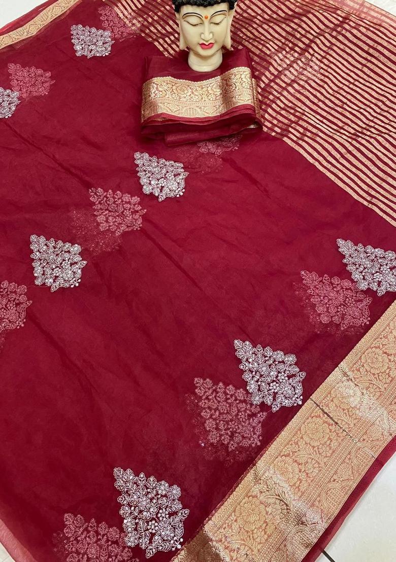 Maroon Embroidered Organza Saree Set