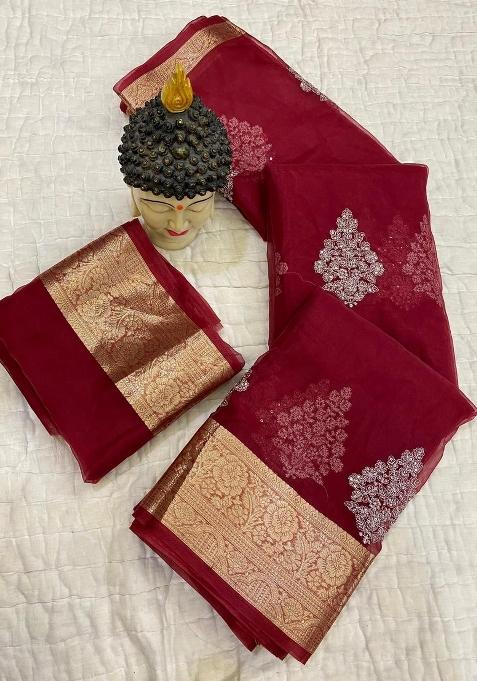 Maroon Embroidered Organza Saree Set