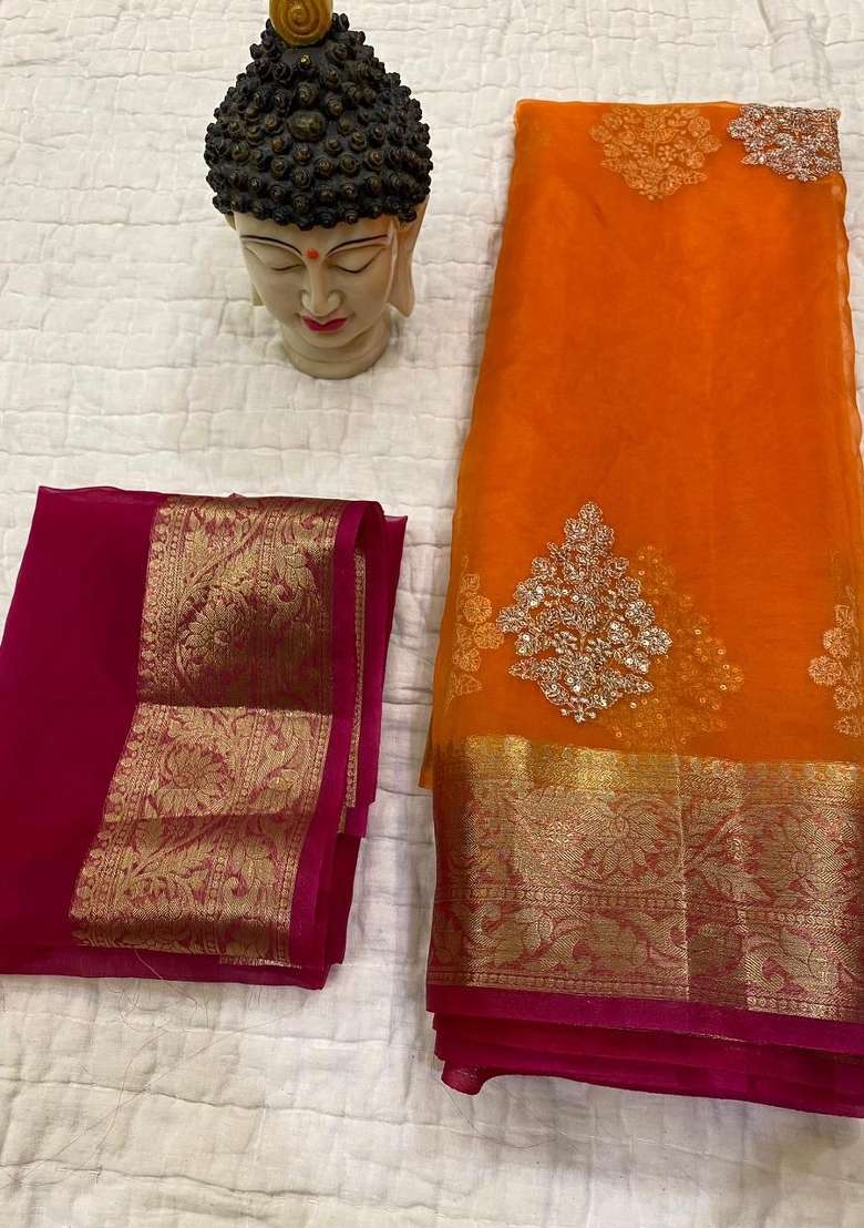 Orange Red Embroidered Organza Saree Set for Diwali and Festive Wear - Indya