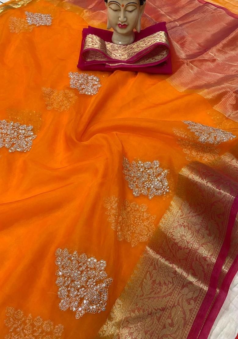 Orange Red Embroidered Organza Saree Set