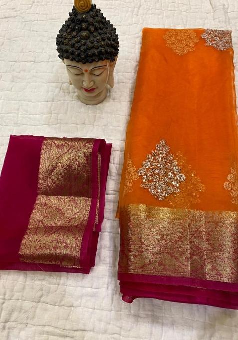 Orange Red Embroidered Organza Saree Set