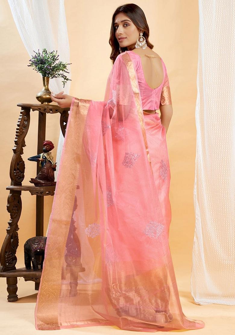 Peach Embroidered Organza Saree Set