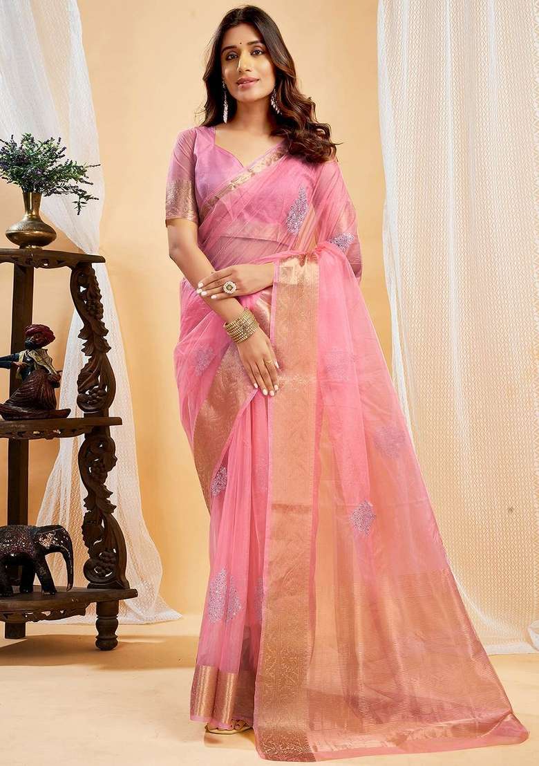 Peach Organza Saree Set with Embroidered for Diwali | Wedding & Festive Wear - Indya