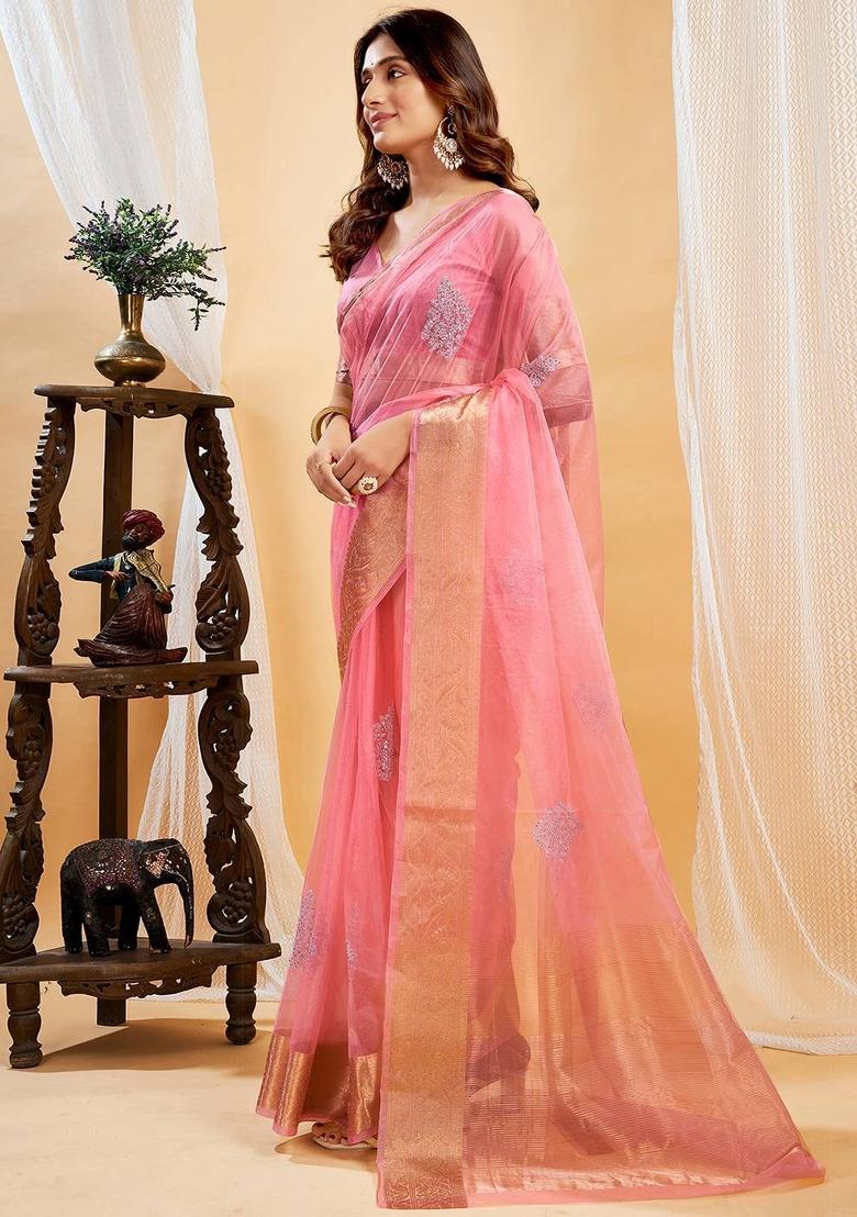 Peach Embroidered Organza Saree Set