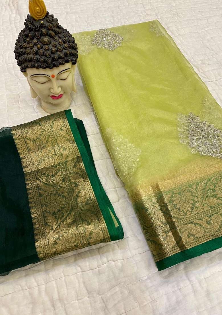 Pista Green Embroidered Organza Saree Set for Diwali and Festive Wear - Indya