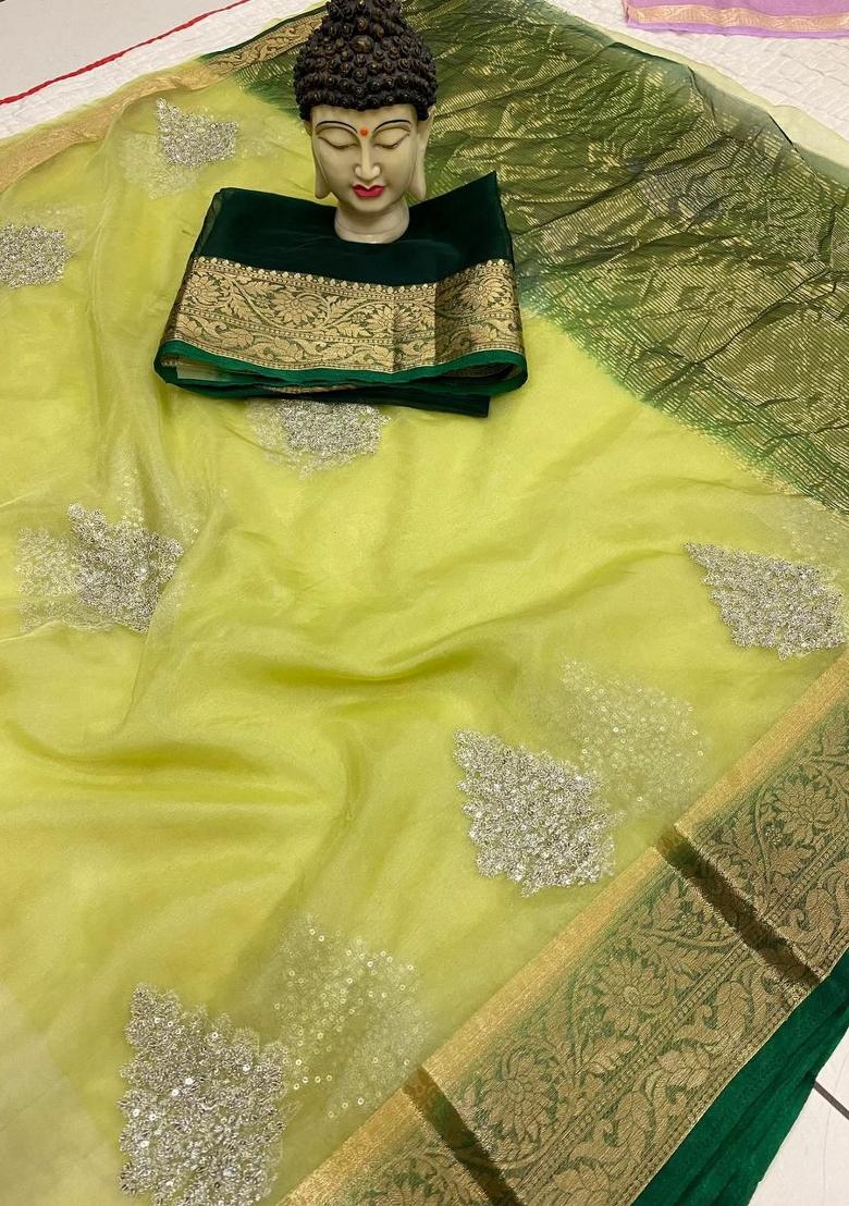 Pista Green Embroidered Organza Saree Set